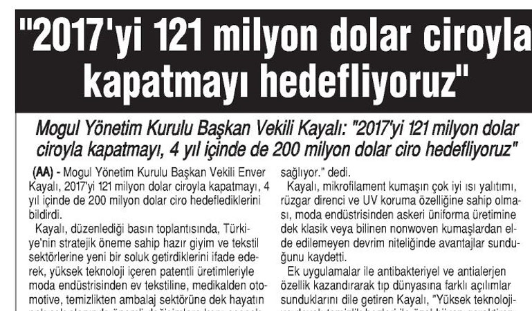 2017'yi 121 milyon dolar ciroyla kapatmayı hedefliyoruz